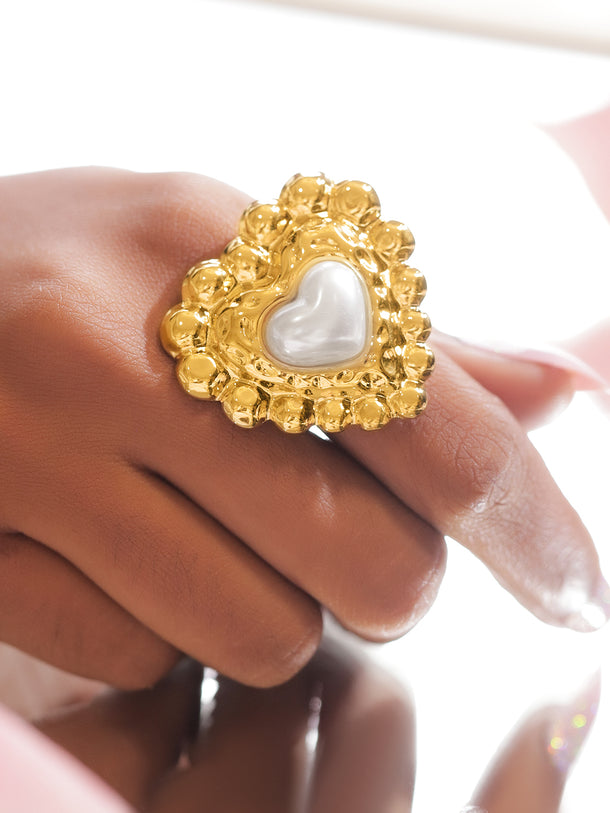 Gold Toned Heart Motif Statement Ring
