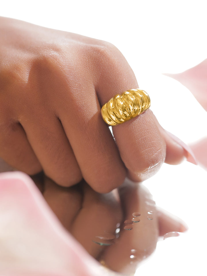 Rubans Voguish 18K Gold-Plated Stainless Steel Tarnish-Free Waterproof Bold Dome Textured Adjustable Statement Ring