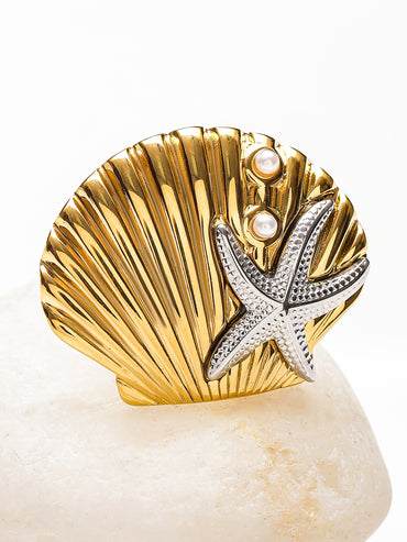 Dual Toned Shell Motif Statement Ring