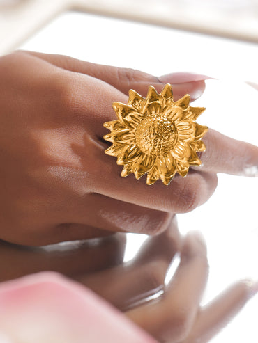 Gold Sunflower Motif Statement Ring