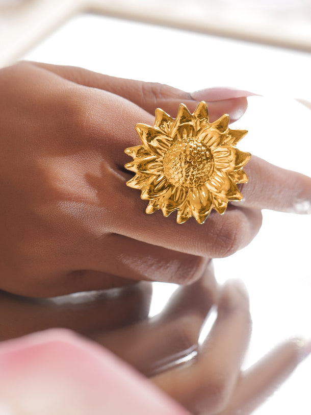 Gold Sunflower Motif Statement Ring