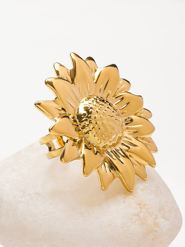 Rubans Voguish 18K Gold-Plated Stainless Steel Tarnish-Free Waterproof Sunflower Design Statement Ring