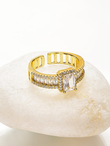 Rubans Voguish 18K Gold-Plated Stainless Steel Tarnish-Free Waterproof Baguette & Solitaire Cubic Zirconia Adjustable Ring