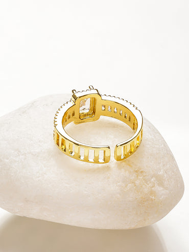 Rubans Voguish 18K Gold-Plated Stainless Steel Tarnish-Free Waterproof Baguette & Solitaire Cubic Zirconia Adjustable Ring
