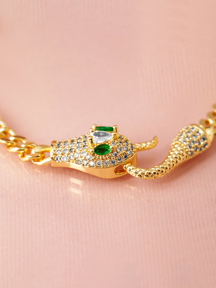 18K Gold-Plated Stainless Steel Tarnish-Free Waterproof Emerald & CZ Snake Bracelet - Gold
