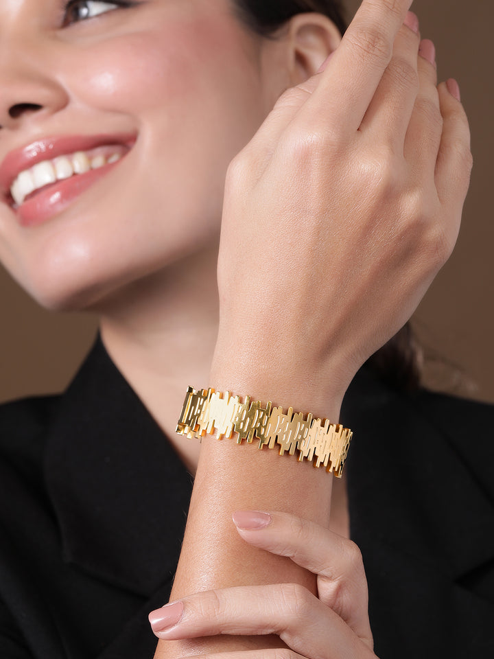 Voguish 22K Gold Plated Stainless Steel Tarnish-Free Waterproof Modern Textured Bracelet