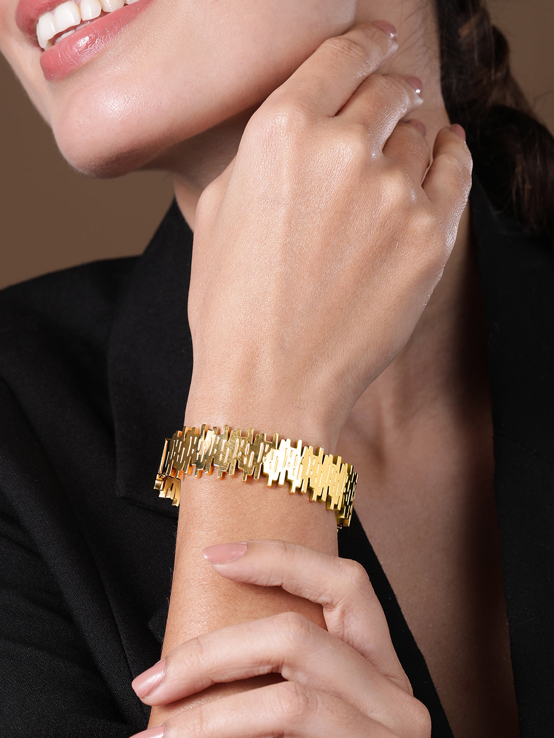 Voguish 22K Gold Plated Stainless Steel Tarnish-Free Waterproof Modern Textured Bracelet