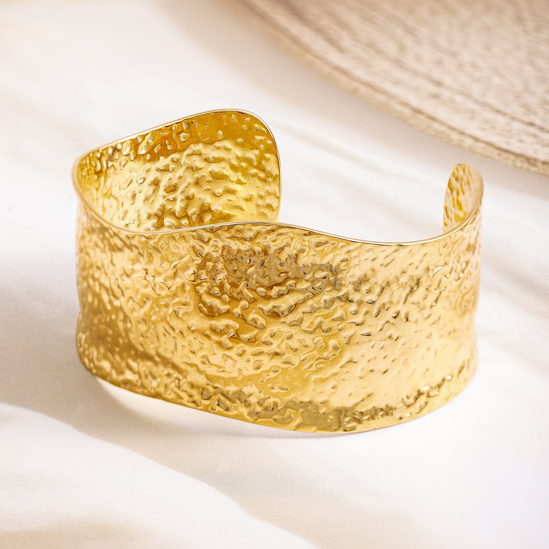 Rubans Voguish 18K Gold Plated Stainless Steel Tarnish-Free Waterproof Hammered Cuff Bracelet