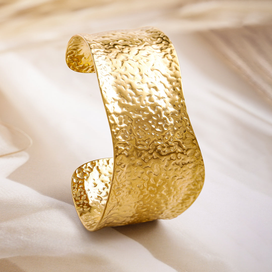 Rubans Voguish 18K Gold Plated Stainless Steel Tarnish-Free Waterproof Hammered Cuff Bracelet