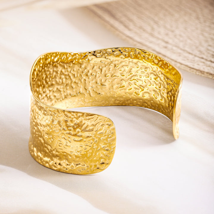 Rubans Voguish 18K Gold Plated Stainless Steel Tarnish-Free Waterproof Hammered Cuff Bracelet