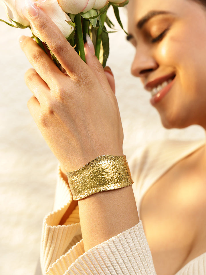 Rubans Voguish 18K Gold Plated Stainless Steel Tarnish-Free Waterproof Hammered Cuff Bracelet