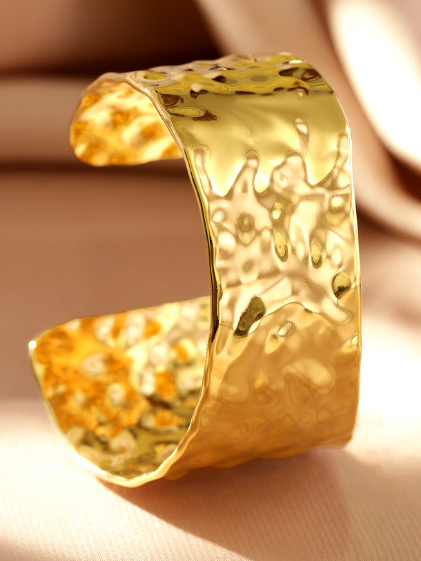 Rubans Voguish 18K Gold-Plated Stainless Steel Tarnish-Free Waterproof Hammered Texture Cuff Bracelet