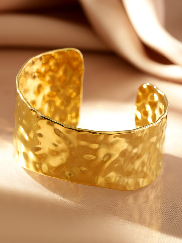 Rubans Voguish 18K Gold-Plated Stainless Steel Tarnish-Free Waterproof Hammered Texture Cuff Bracelet