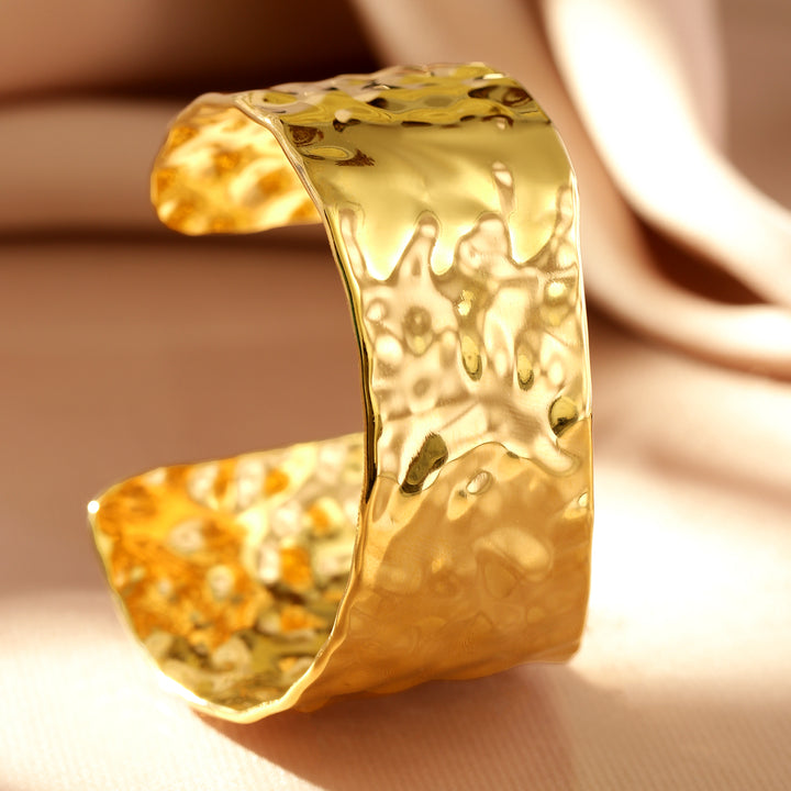 Rubans Voguish 18K Gold-Plated Stainless Steel Tarnish-Free Waterproof Hammered Texture Cuff Bracelet