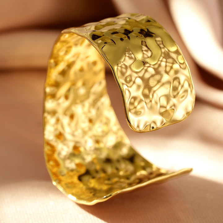 Rubans Voguish 18K Gold-Plated Stainless Steel Tarnish-Free Waterproof Hammered Texture Cuff Bracelet