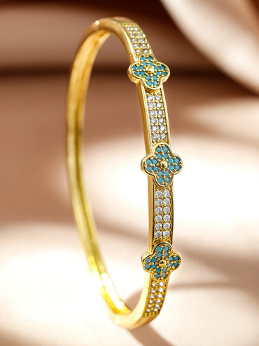 Rubans Voguish 22K Gold-Plated Turquoise Enamel Floral Cuff Bracelet with Cubic Zirconia