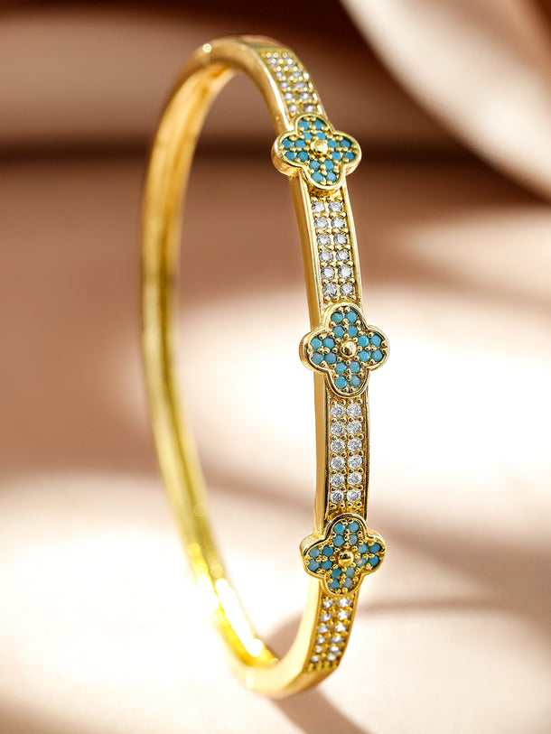 Rubans Voguish 22K Gold-Plated Turquoise Enamel Floral Cuff Bracelet with Cubic Zirconia