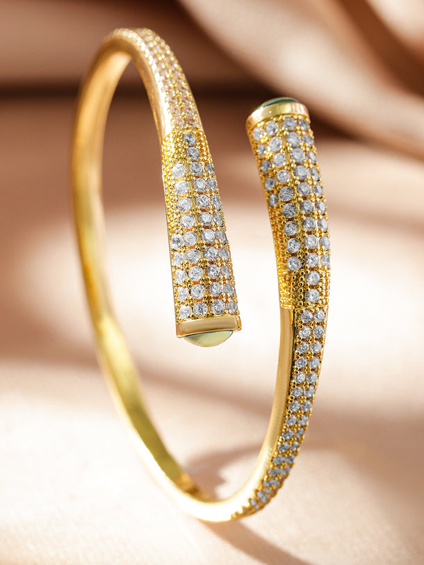 Rubans Voguish 22K Gold-Plated Open Cuff Bracelet with Cubic Zirconia and Green Gemstone
