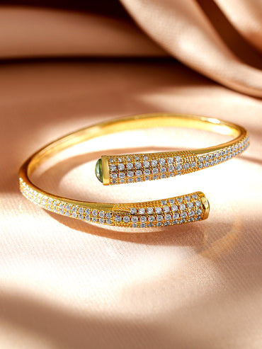 Rubans Voguish 22K Gold-Plated Open Cuff Bracelet with Cubic Zirconia and Green Gemstone