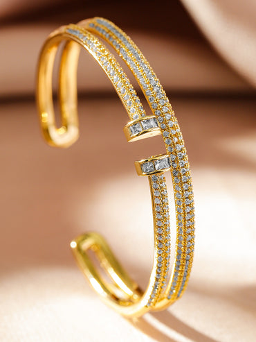 Rubans Voguish 22K Gold-Plated Dual-Band Open Cuff Bracelet with Cubic Zirconia