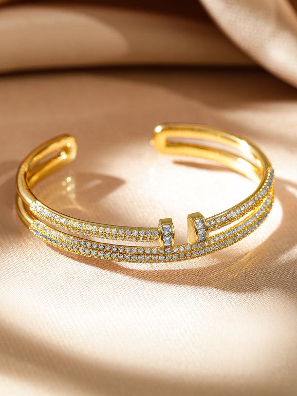 Rubans Voguish 22K Gold-Plated Dual-Band Open Cuff Bracelet with Cubic Zirconia