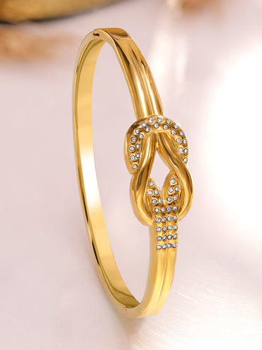 Rubans Voguish 18K Gold-Plated Knot Motif Stainless Steel Tarnish-Free Waterproof Bracelet with CZ Accents