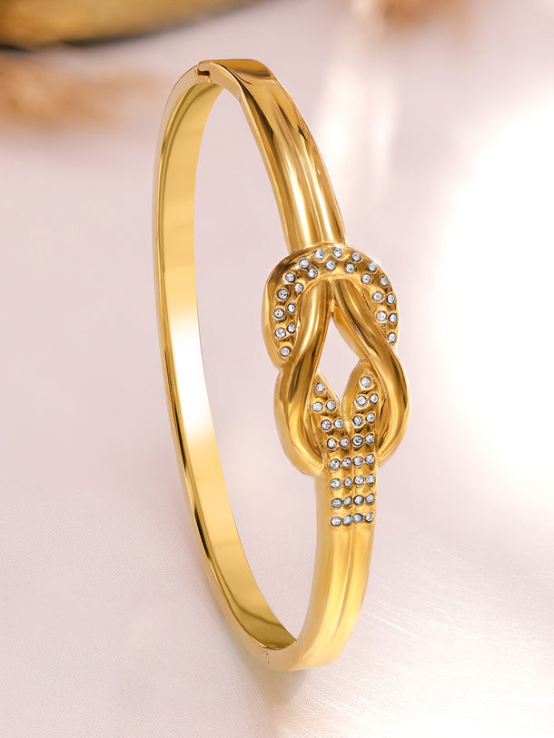 Rubans Voguish 18K Gold-Plated Knot Motif Stainless Steel Tarnish-Free Waterproof Bracelet with CZ Accents