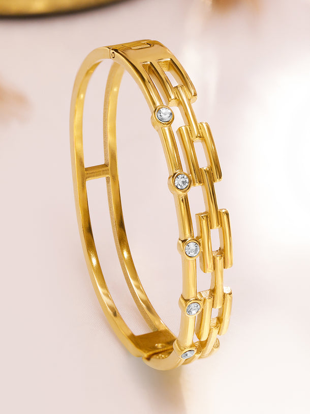Rubans Voguish 18K Gold-Plated Geometric Cubic Zirconia Studded Stainless Steel Tarnish Free Waterproof Bracelet