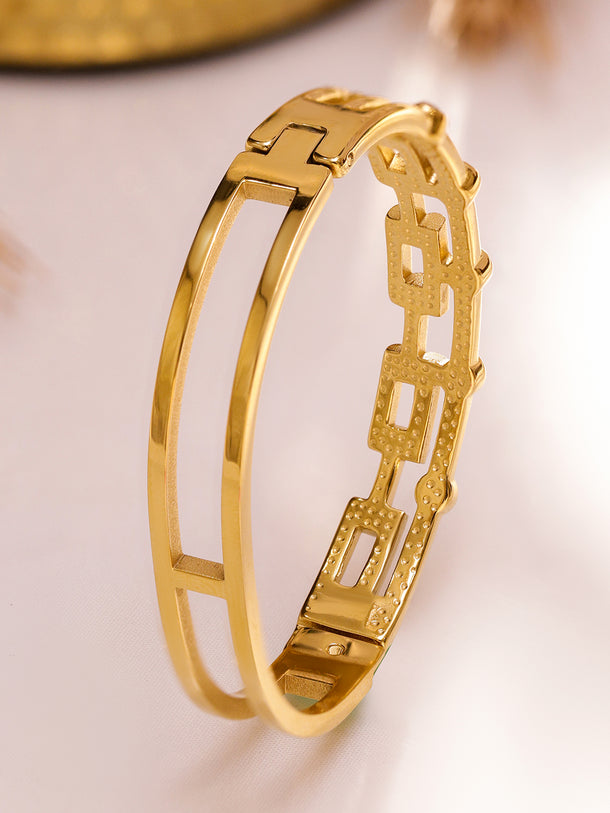 Rubans Voguish 18K Gold-Plated Geometric Cubic Zirconia Studded Stainless Steel Tarnish Free Waterproof Bracelet