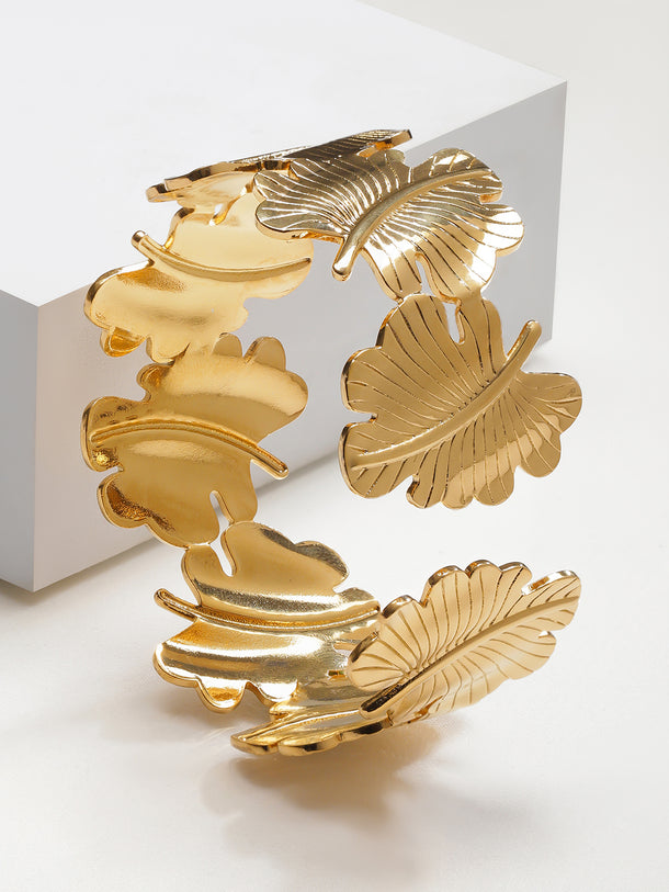Leaf Motif Gold Toned Cuff Bracelet