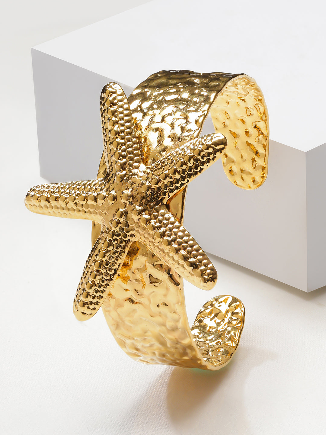 Rubans Voguish 18K Gold-Plated Stainless Steel Tarnish-Free Waterproof Starfish Motif Textured Open Cuff Bracelet