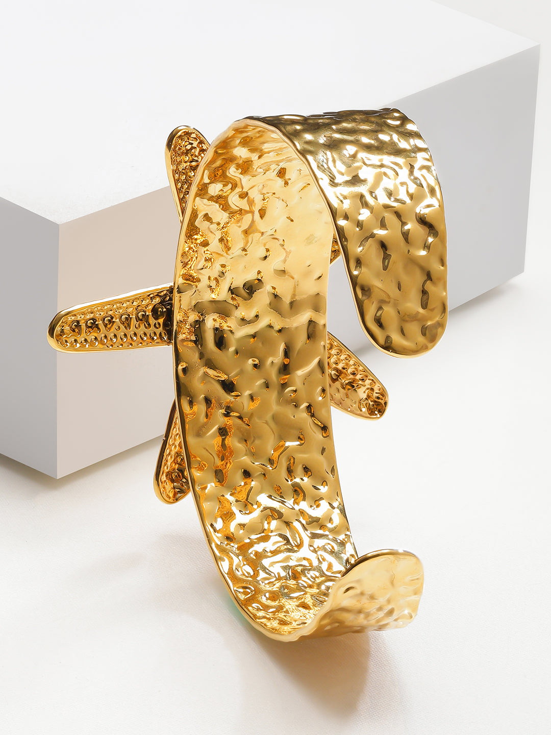 Rubans Voguish 18K Gold-Plated Stainless Steel Tarnish-Free Waterproof Starfish Motif Textured Open Cuff Bracelet