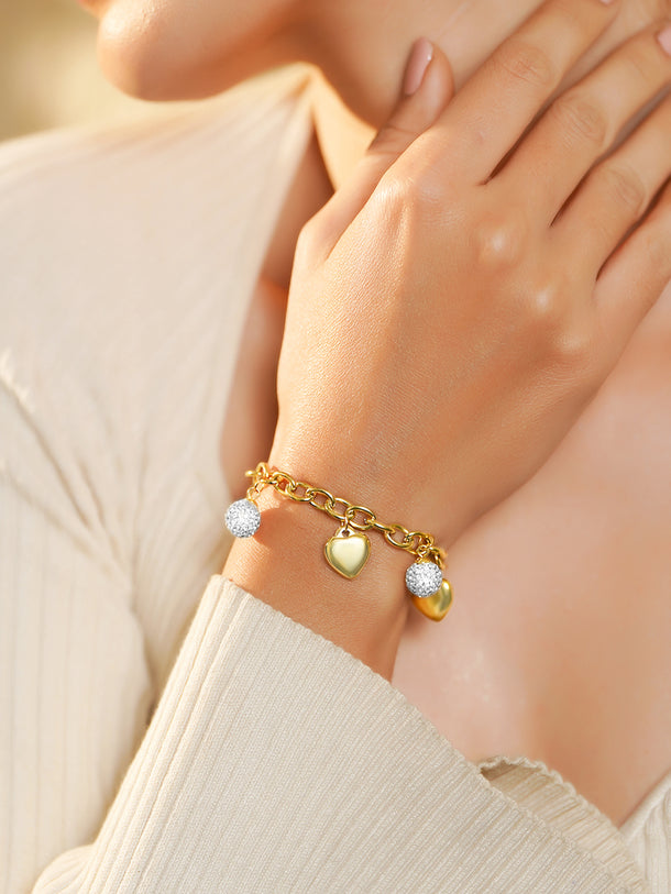 Gold Bracelet With Crystal & Heart Charms