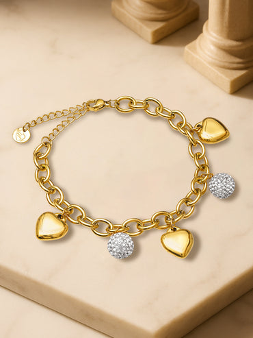 Gold Bracelet With Crystal & Heart Charms