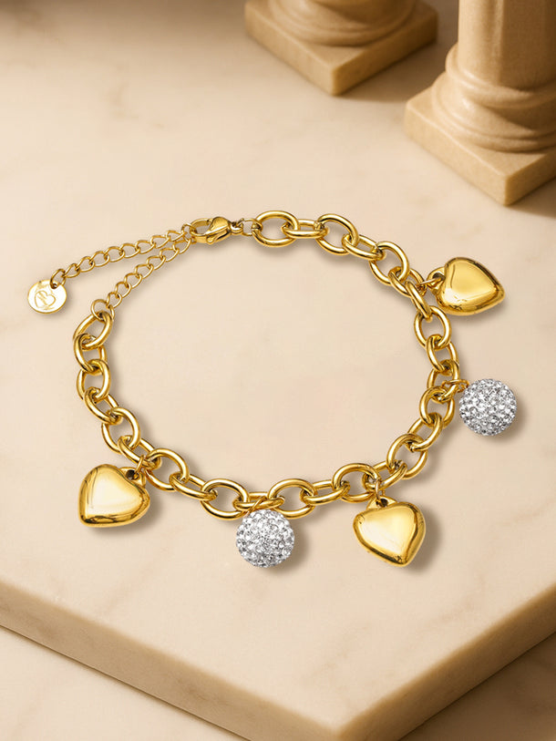 Gold Bracelet With Crystal & Heart Charms