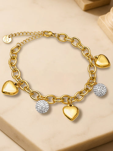 Gold Bracelet With Crystal & Heart Charms