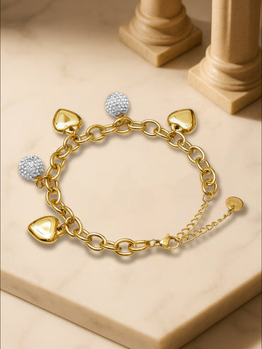 Gold Bracelet With Crystal & Heart Charms