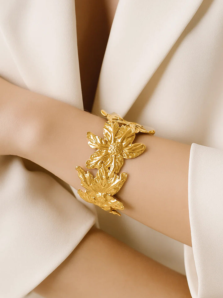 Rubans Voguish 22K Gold-Plated Brass Floral Design Bold Openable Statement Cuff Bracelet