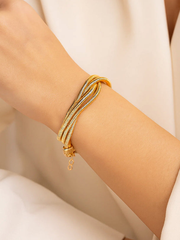 Rubans 22K Gold-Plated Multi-Strand Snake Chain Knot Design Adjustable Statement Bracelet