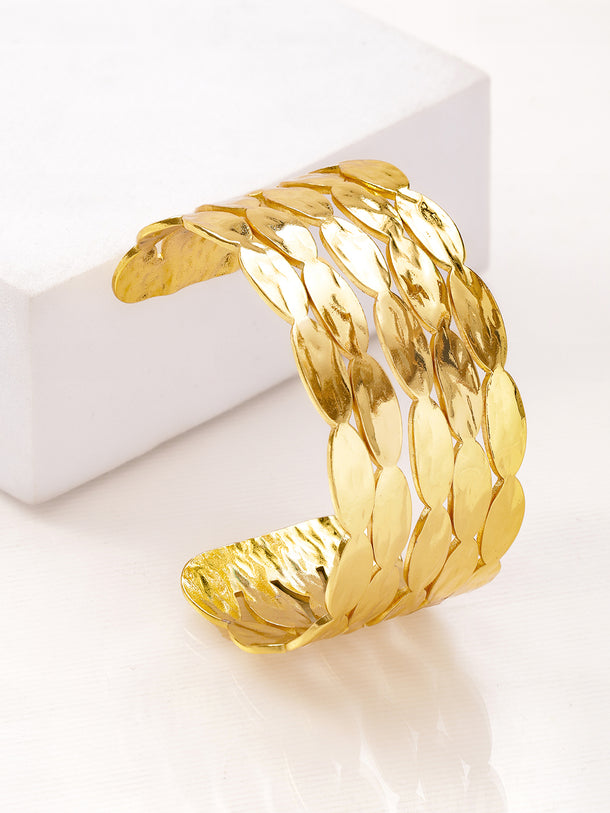 Rubans Voguish 22K Gold-Plated Brass Textured Panel Bold Open Cuff Statement Bracelet