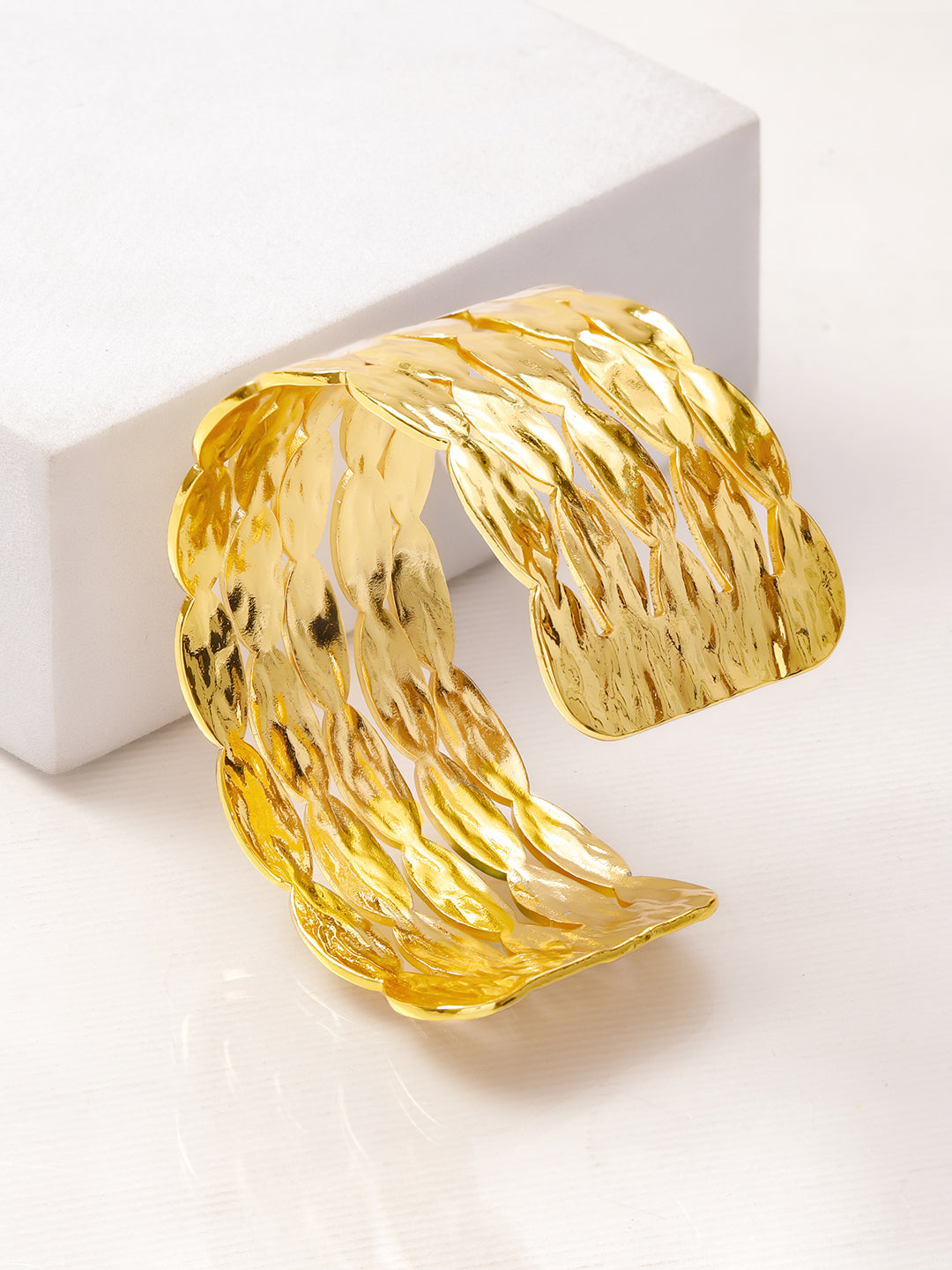 Rubans Voguish 22K Gold-Plated Brass Textured Panel Bold Open Cuff Statement Bracelet