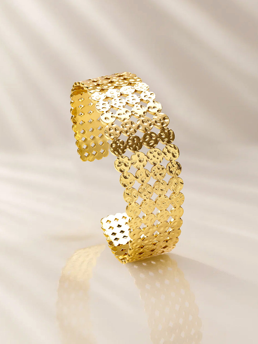 Rubans Voguish 22K Gold-Plated Textured Cutwork Open Cuff Bold Statement Bangle Bracelet