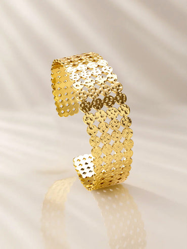 Rubans Voguish 22K Gold-Plated Textured Cutwork Open Cuff Bold Statement Bangle Bracelet