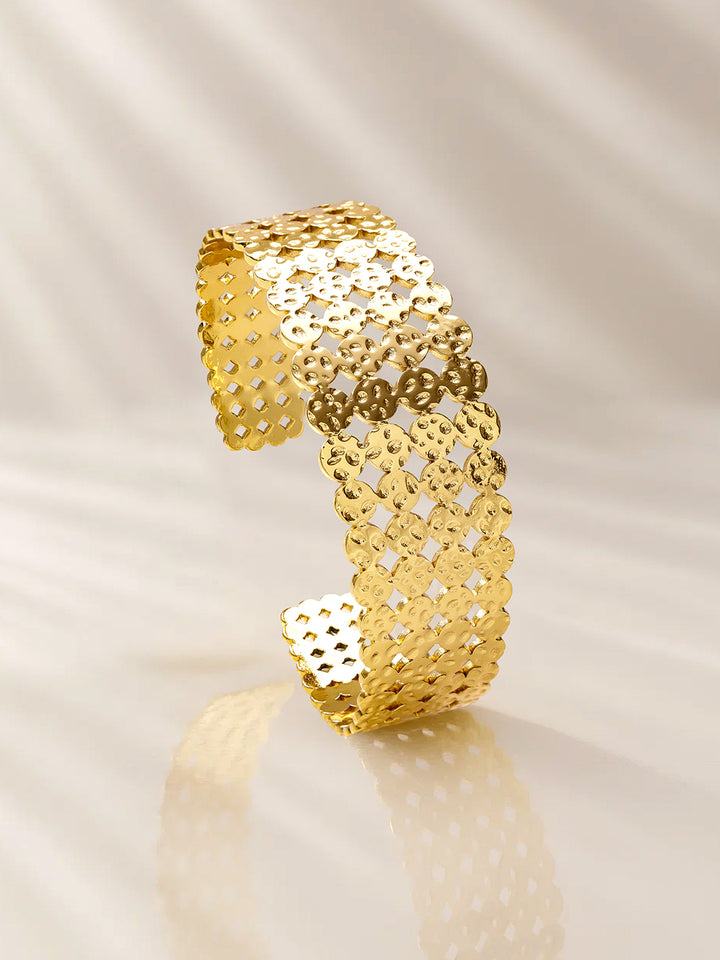 Rubans Voguish 22K Gold-Plated Textured Cutwork Open Cuff Bold Statement Bangle Bracelet
