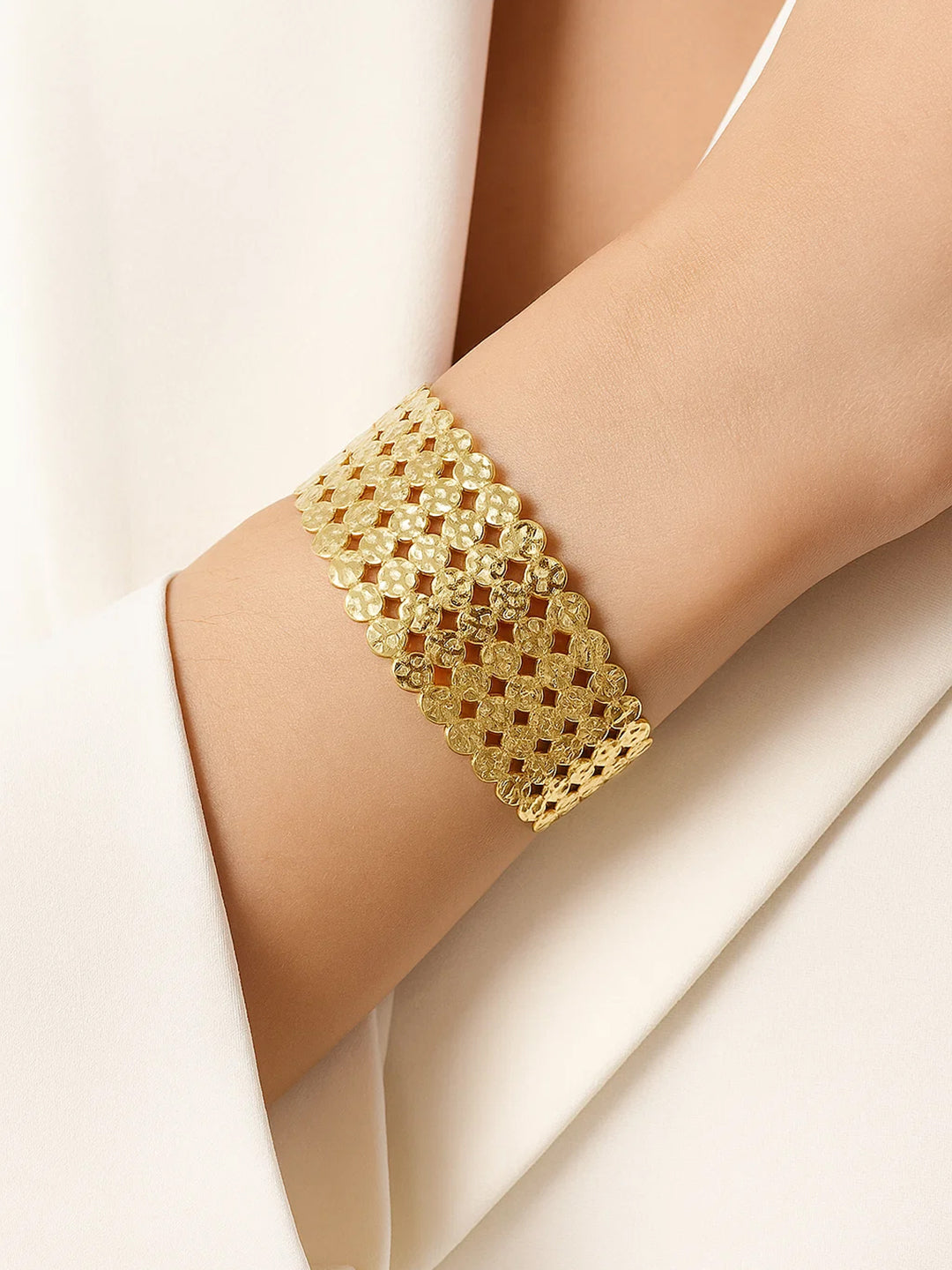 Rubans Voguish 22K Gold-Plated Textured Cutwork Open Cuff Bold Statement Bangle Bracelet