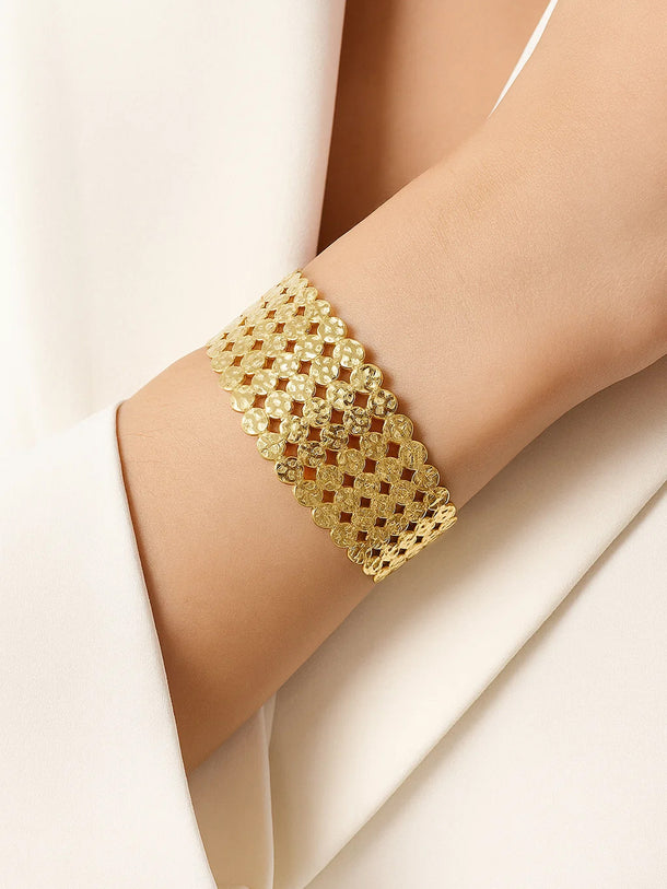 Rubans Voguish 22K Gold-Plated Textured Cutwork Open Cuff Bold Statement Bangle Bracelet