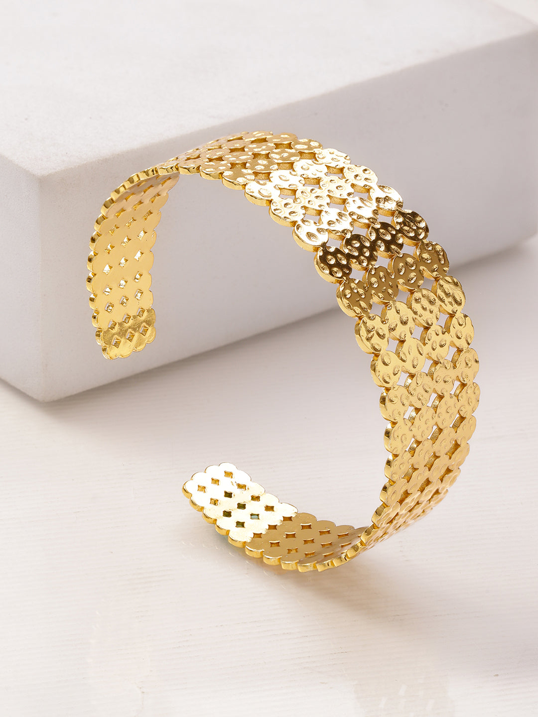 Rubans Voguish 22K Gold-Plated Textured Cutwork Open Cuff Bold Statement Bangle Bracelet