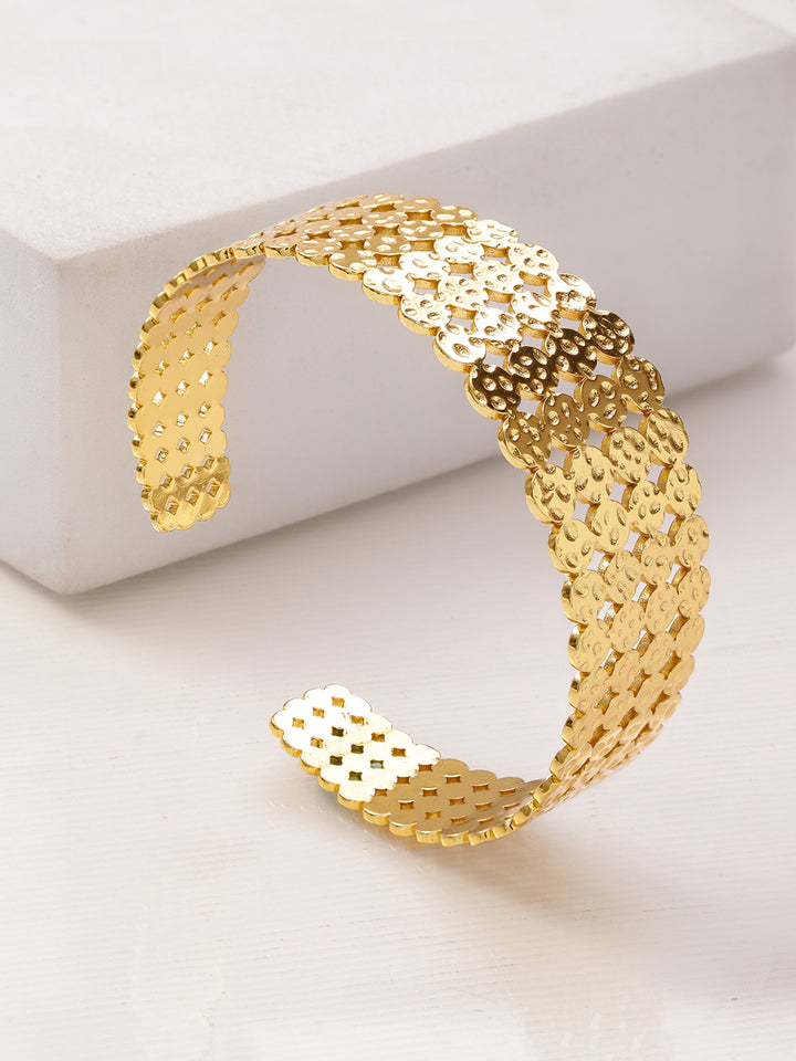 Rubans Voguish 22K Gold-Plated Textured Cutwork Open Cuff Bold Statement Bangle Bracelet