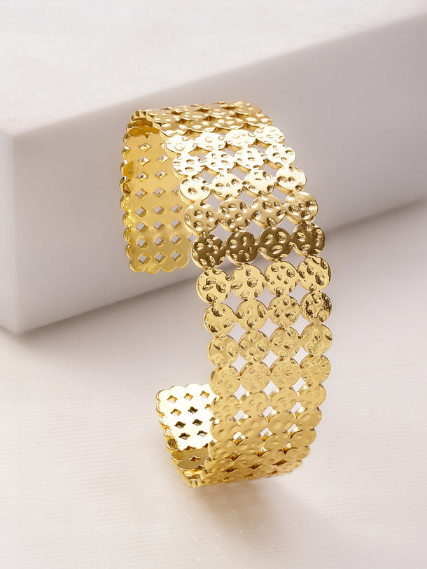 Rubans Voguish 22K Gold-Plated Textured Cutwork Open Cuff Bold Statement Bangle Bracelet