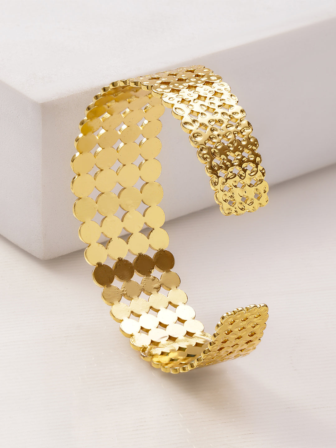 Rubans Voguish 22K Gold-Plated Textured Cutwork Open Cuff Bold Statement Bangle Bracelet